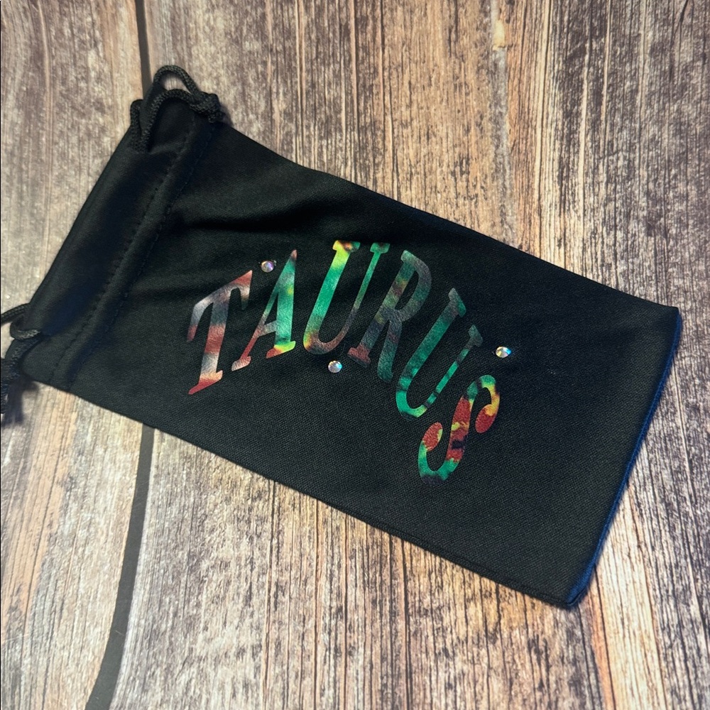 NEW Black Drawstring Sunglass Pouch with Colorful Taurus Design Item #PHK6750